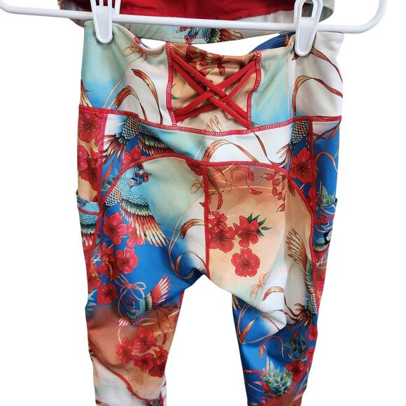 Iron Yokai Erin Sports Bra & Legging Matching Set Gym Floral Bird Red Medium - Picture 8 of 10